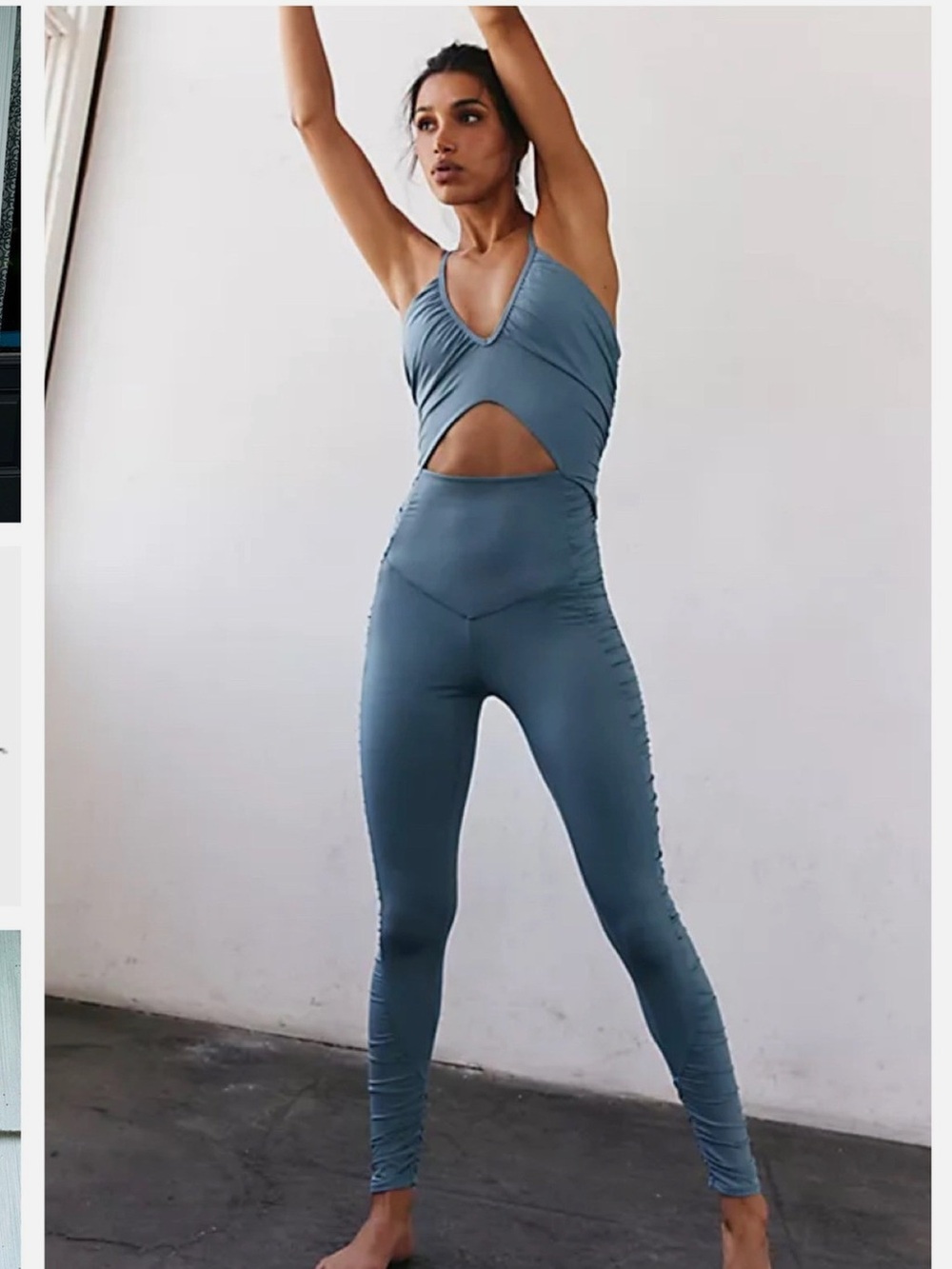 Free People FP Movement Balancing Act Jumpsuit Slate Blue Ruched Cutout Size M